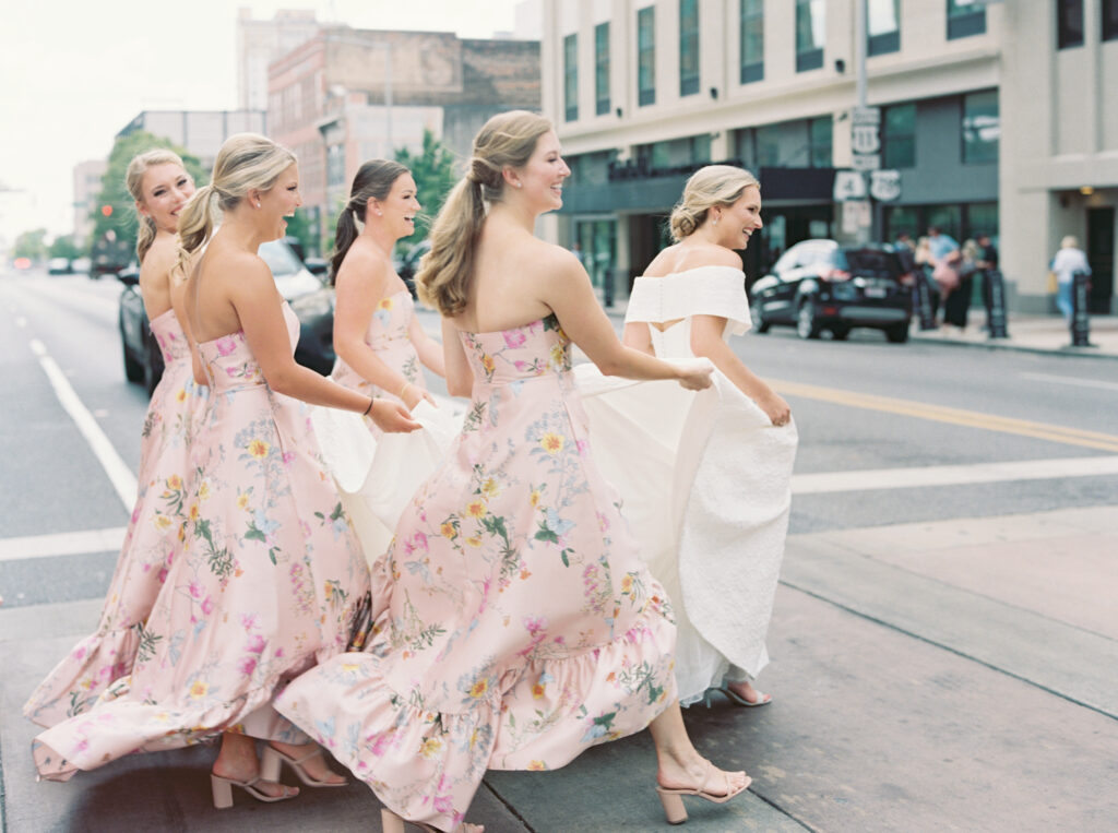 bride and bridesmaid gowns in different colors