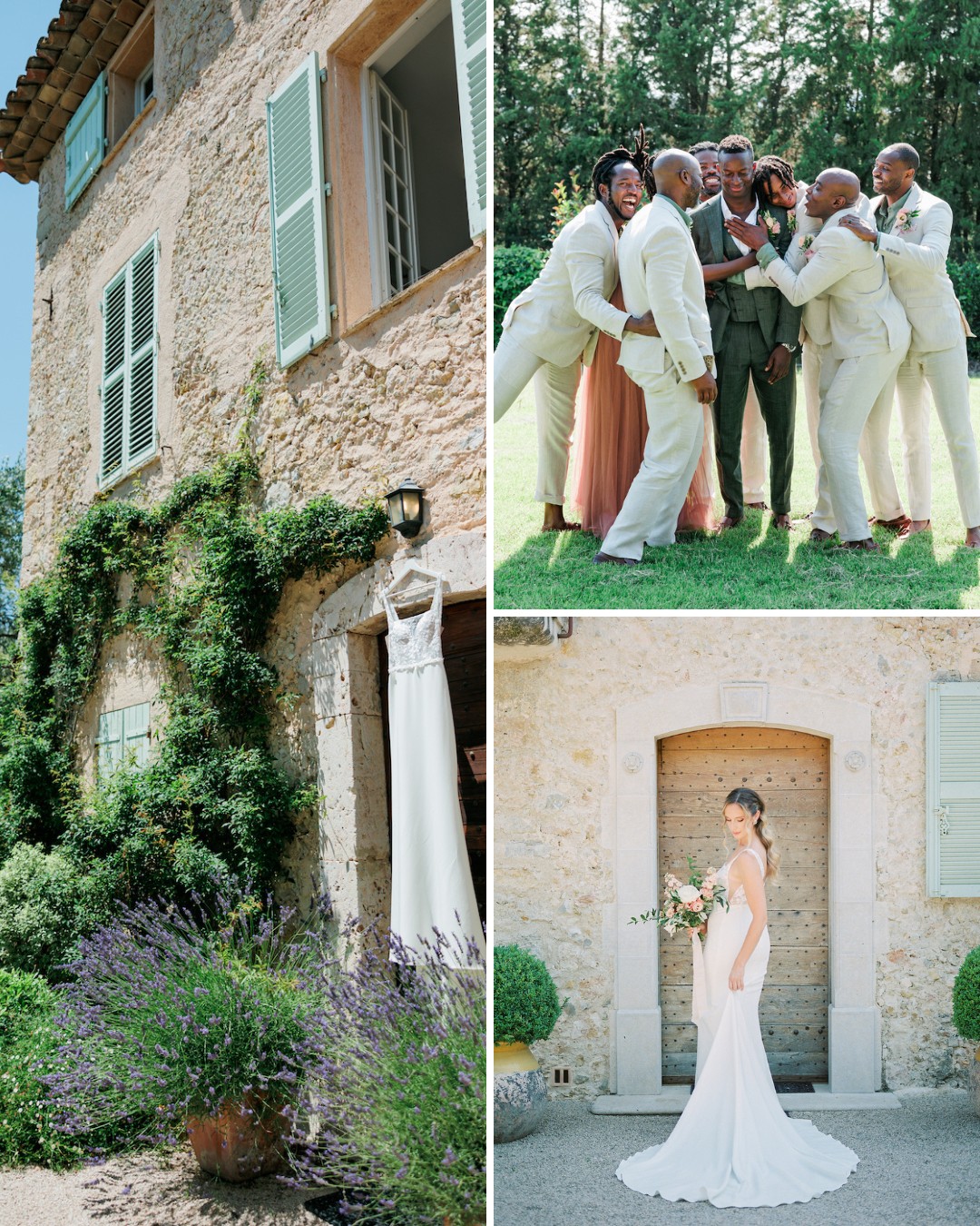 A wedding dress hangs outside a rustic stone building; groomsmen pose together on grass; a bride in a white gown holds a bouquet in front of a large door.