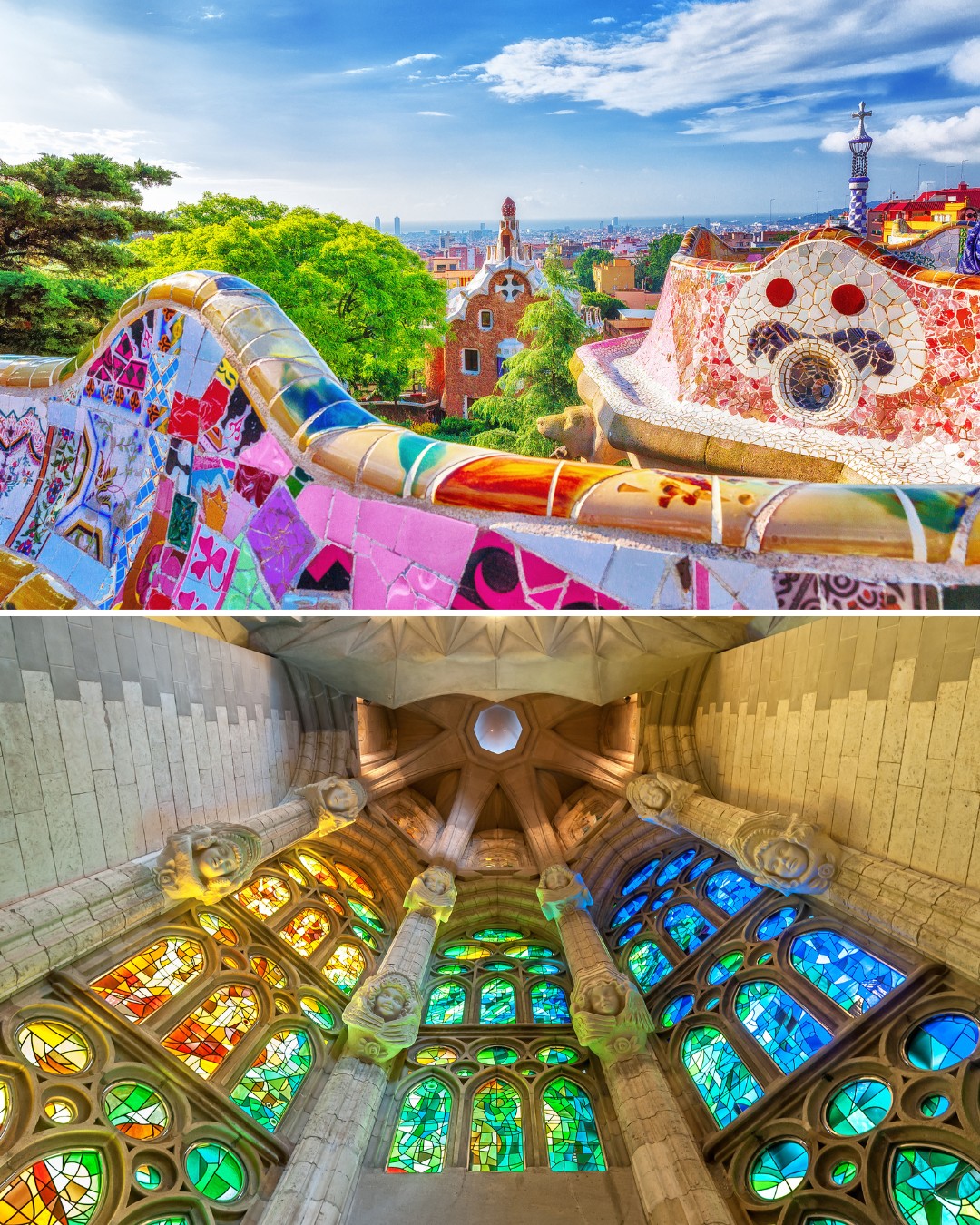 Two scenes: the colorful mosaic bench at Park Güell (top) and vibrant stained glass windows inside the Sagrada Família (bottom), both iconic landmarks in Barcelona, Spain.
