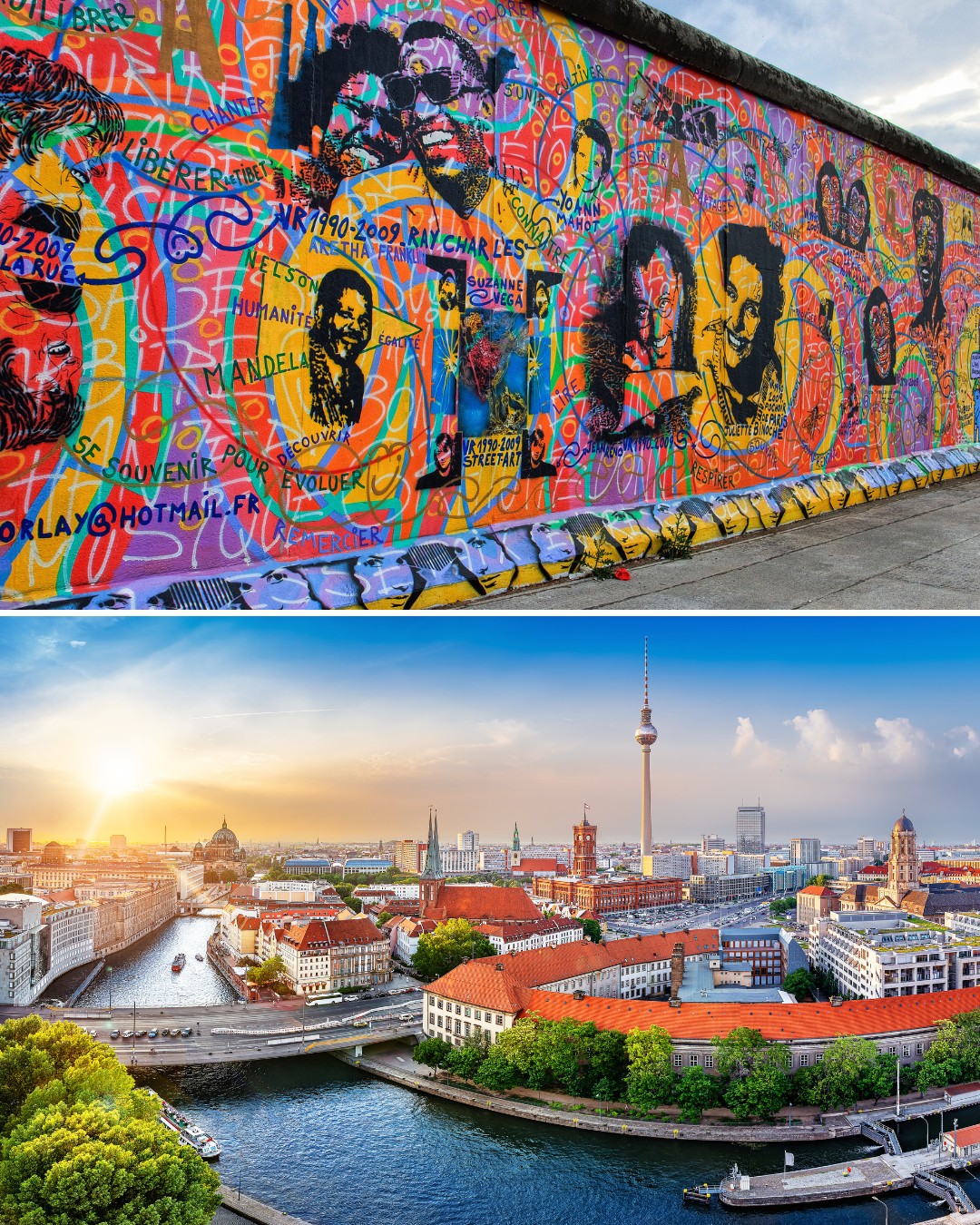 Top: Colorful graffiti on a section of the Berlin Wall. Bottom: Aerial view of Berlin cityscape with the TV tower and Spree River under a bright sky.