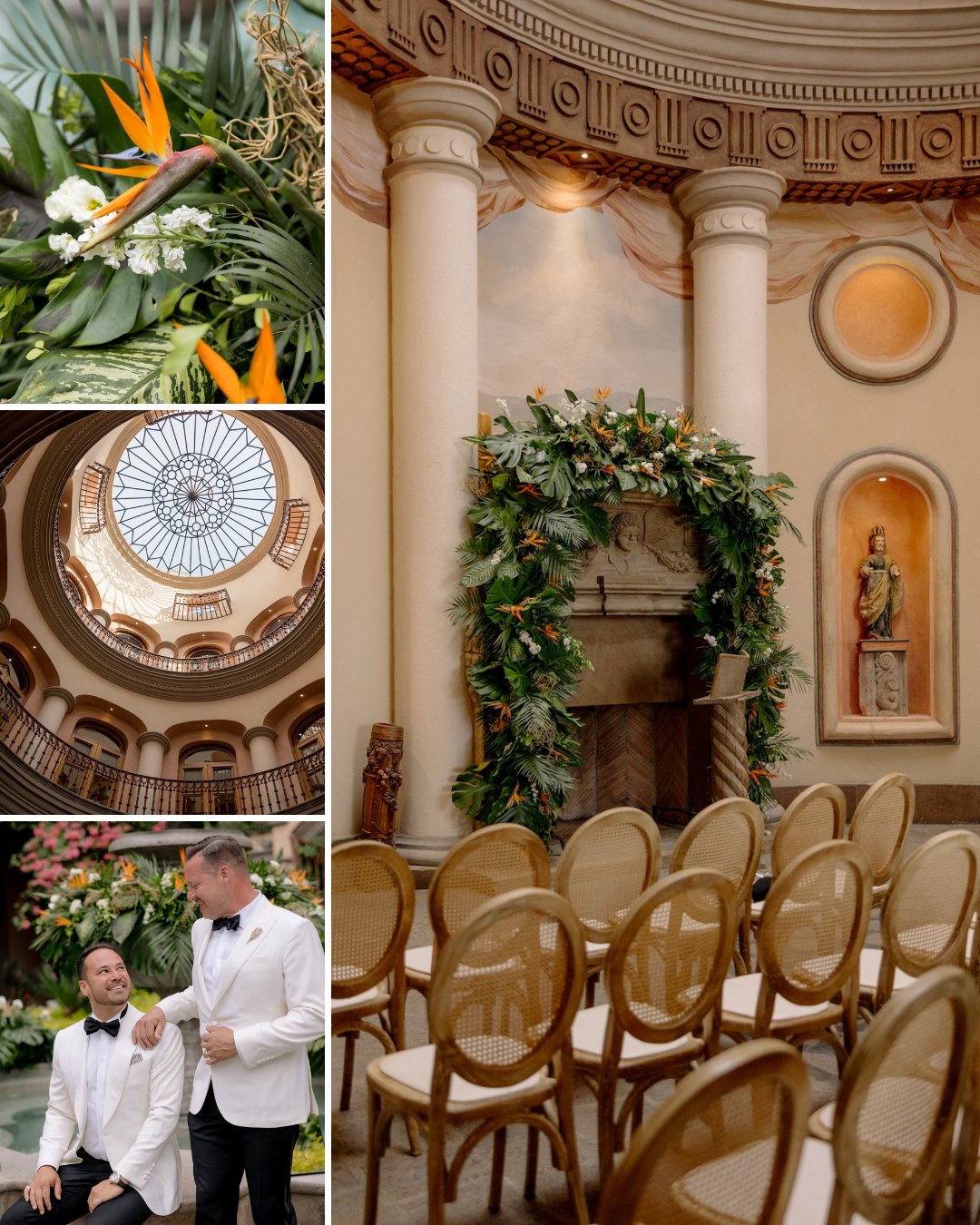 Collage of a wedding venue with ornate decor: tropical floral arrangements, circular ceiling, elegant chairs, a flower-adorned fireplace, and two men in white jackets and black bow ties.