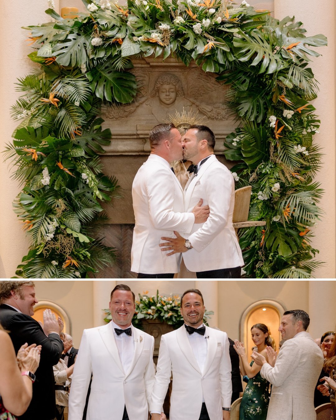 Two men in white tuxedos kiss in front of a leafy wedding arch in the top image and hold hands, smiling, as guests applaud in the bottom image.