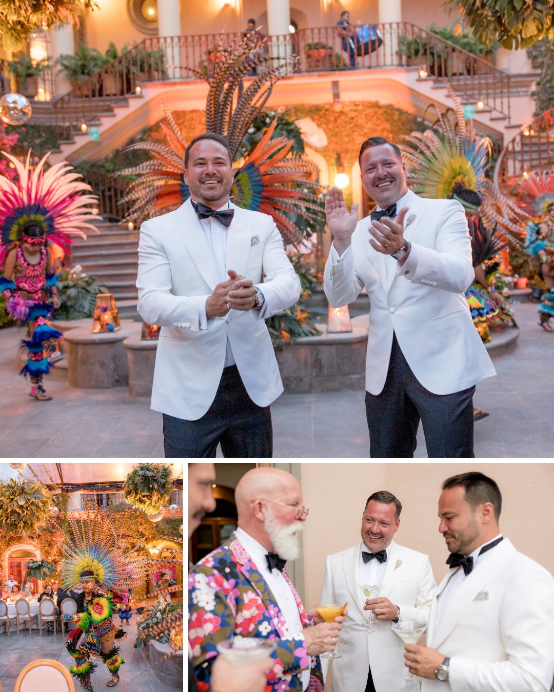 Two men in white tuxedos stand and smile at a vibrant indoor event with colorful feathered dancers; smaller images show more attendees socializing and dancing.