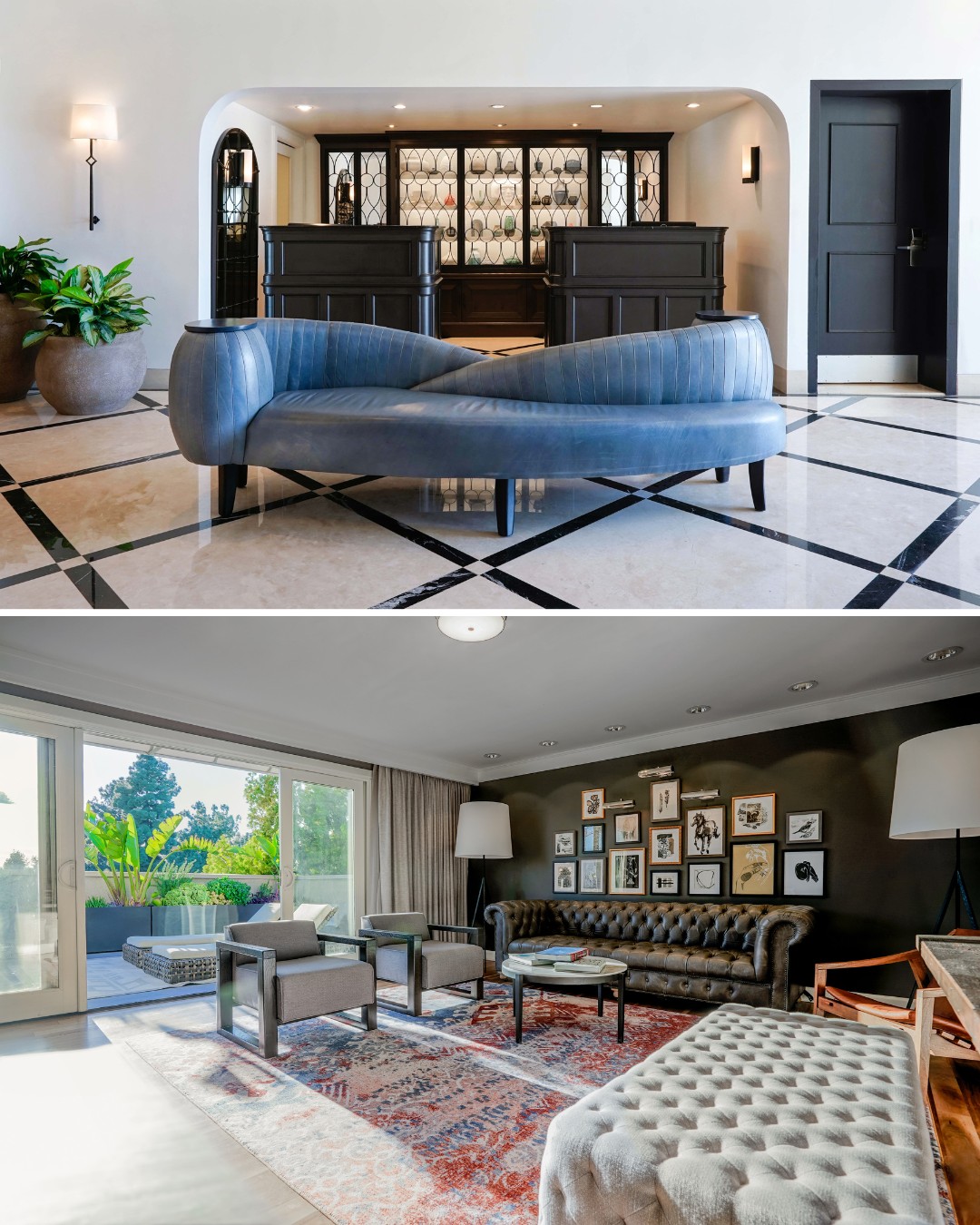Top: Lobby with a curved blue velvet sofa, black reception desks, and large potted plants. Bottom: Living room with a tufted sofa, armchairs, art wall, and access to an outdoor patio.