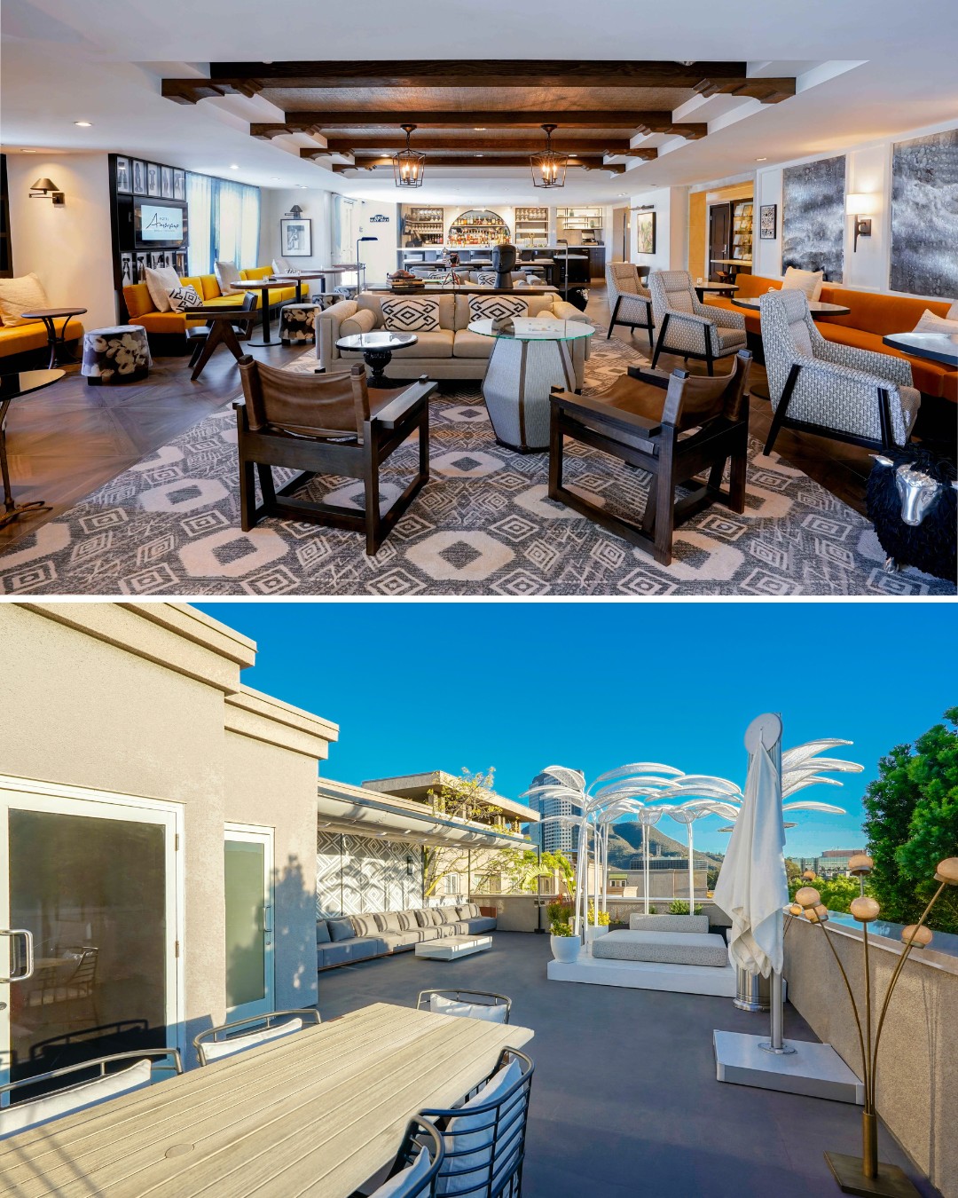 Top: Spacious lounge with patterned rug, sofas, and exposed ceiling beams. Bottom: Outdoor terrace with dining table, umbrellas, and decorative metal palm sculptures.