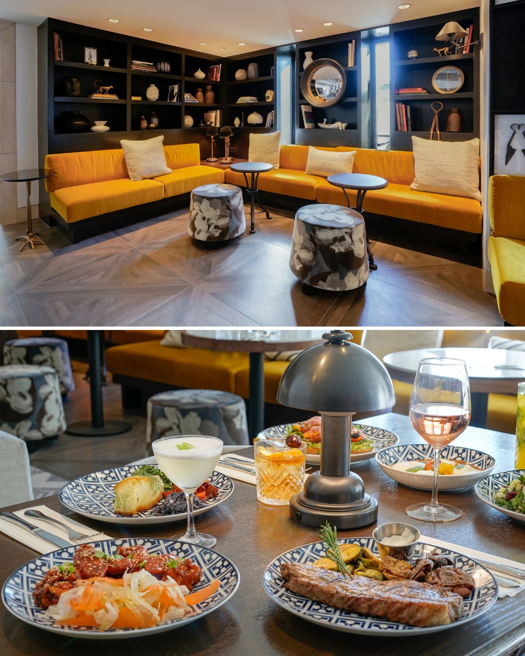 A modern lounge with mustard yellow seating and black shelves, and a close-up of a table set with assorted dishes, cocktails, and wine.