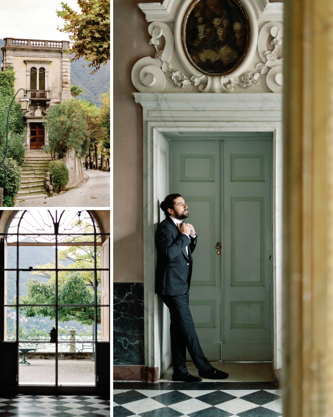 Three images: a stone building with steps, a large window with a garden view, and a man in a suit standing by a door in an ornate interior hallway.