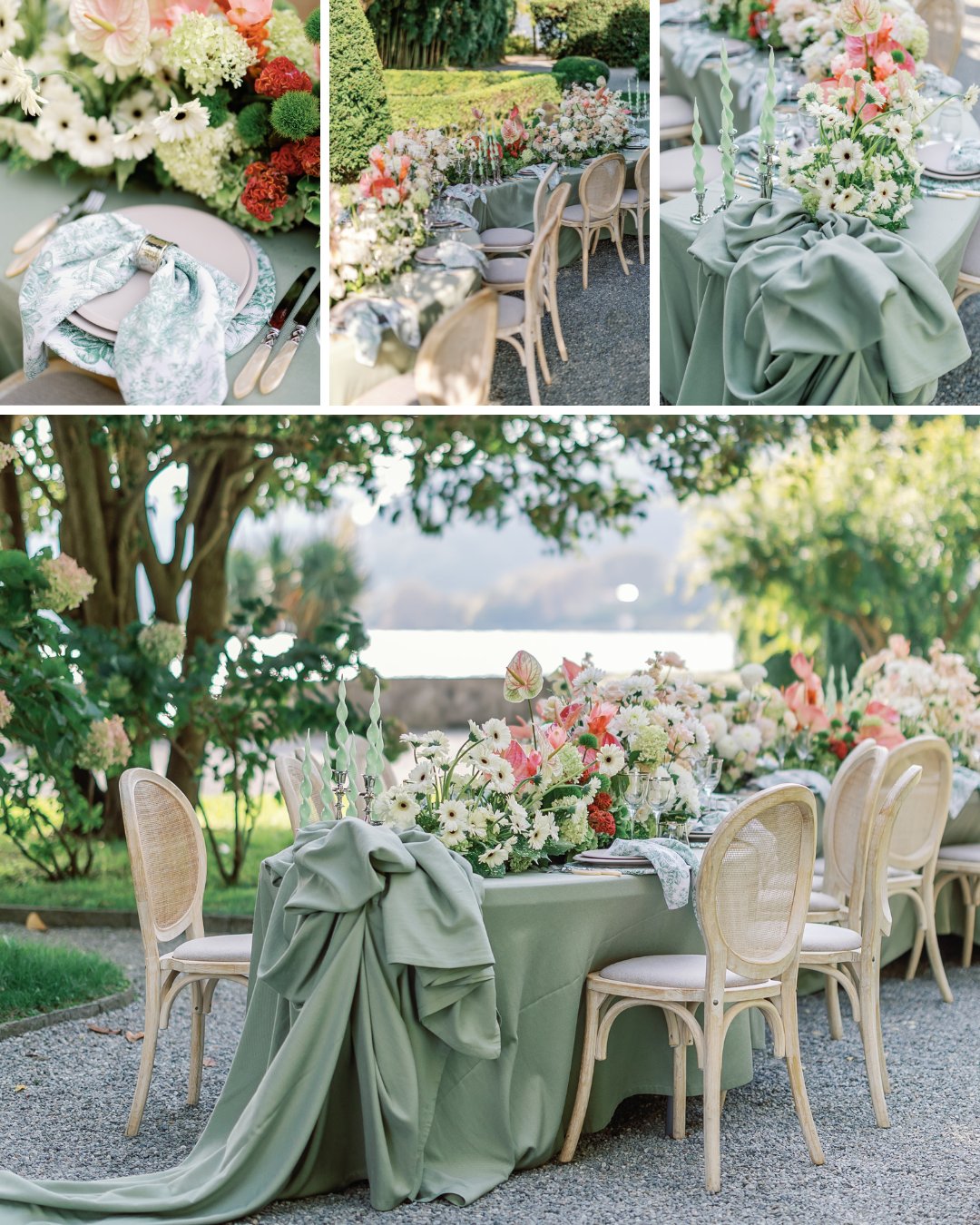 Elegant outdoor table setting with green tablecloths, floral centerpieces, and light-colored chairs arranged in a garden setting.
