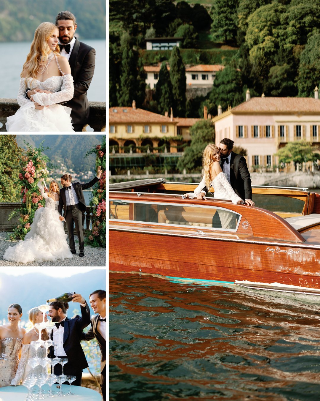 Collage of wedding photos featuring a bride and groom by a lake, on a wooden boat, at a floral arch, and celebrating with friends. Elegant buildings and greenery are in the background.
