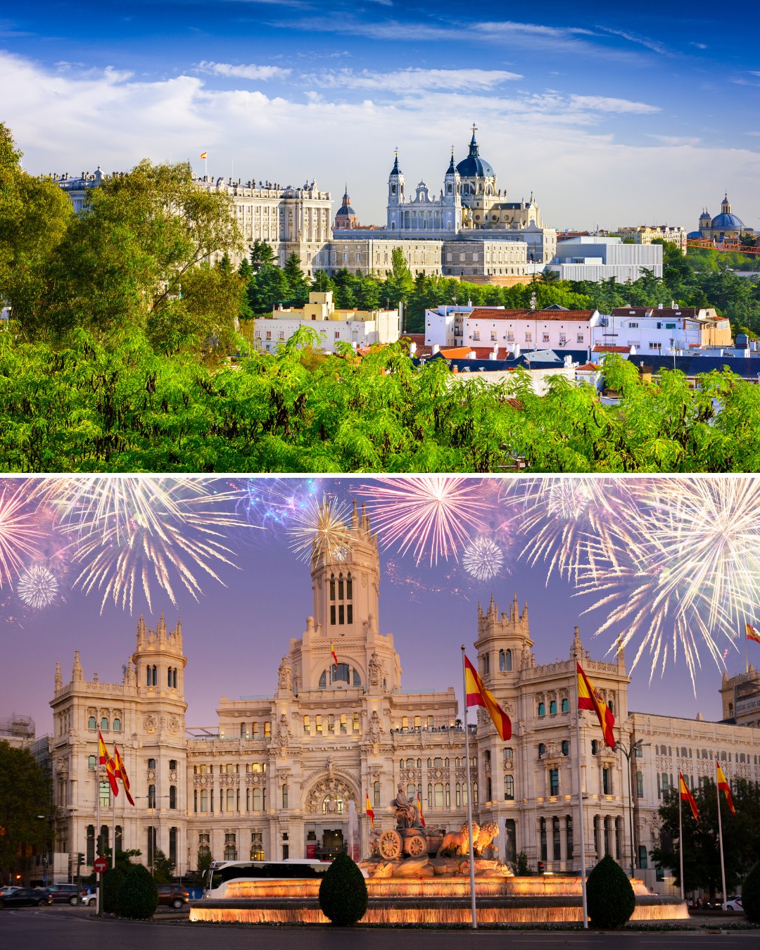A split image showing a cityscape with a cathedral and greenery on top, and a historic building with Spanish flags and fireworks in the sky on the bottom.