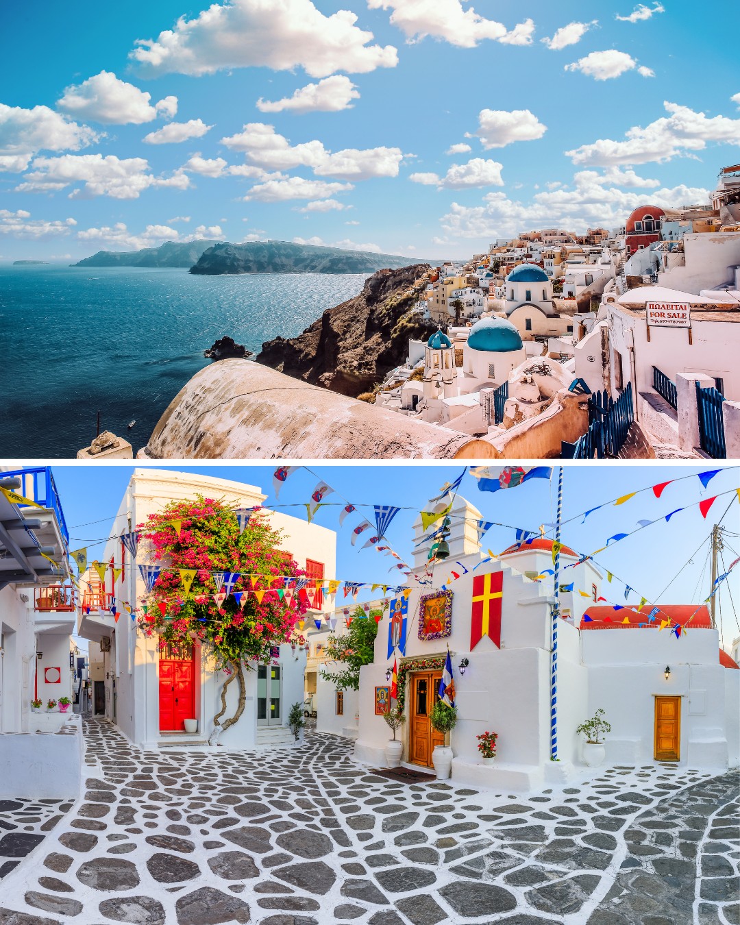 Top image shows white buildings on a cliff overlooking the sea in Santorini, Greece; bottom image shows a colorful, decorated street in a Greek village.
