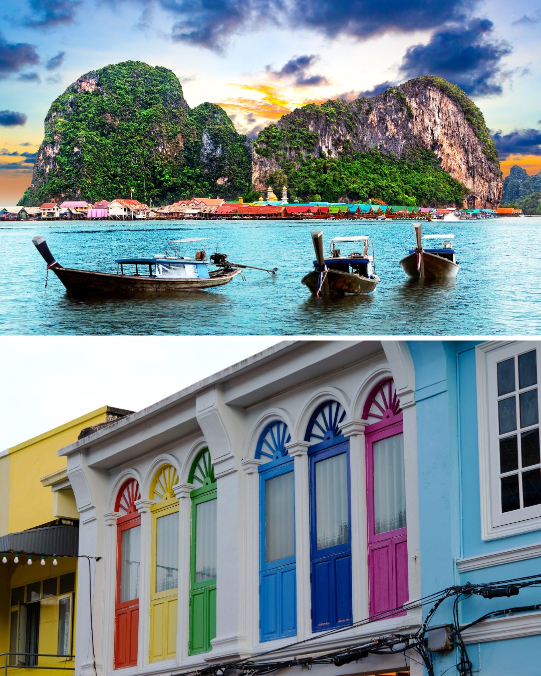 A scenic island with boats on water under a colorful sky above a street view of buildings with brightly painted doors and windows.