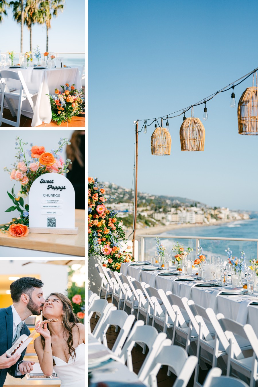 Collage of an outdoor seaside wedding setup with decorated tables, floral arrangements, a wedding sign, string lights, and a couple sharing a kiss.