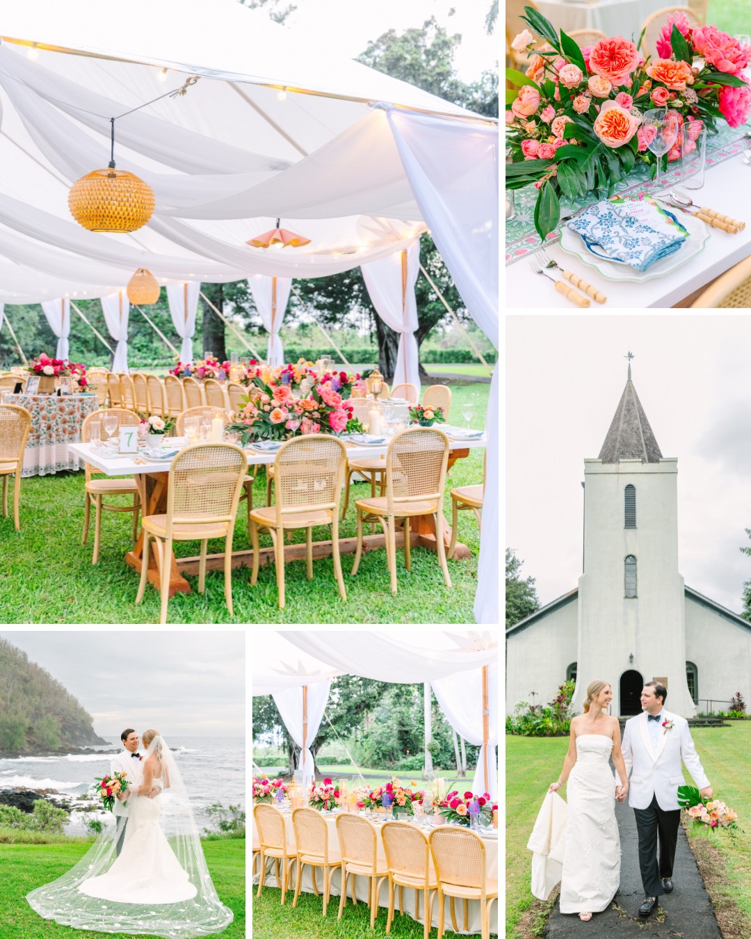 Outdoor wedding scene with decorated tables under a canopy, a couple posing by a church and near the ocean, and a close-up of a floral table setting.