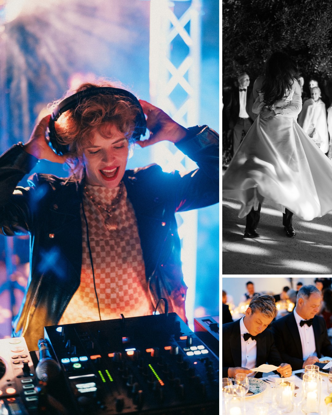 A DJ wearing headphones performs; a couple dances outdoors in a blurred motion; two guests in formal attire sit at a dinner table with candles.