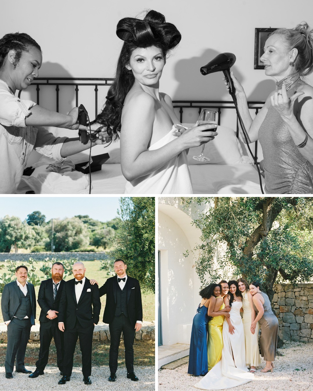 A bride gets her hair styled while holding wine; four groomsmen pose outdoors; six bridesmaids gather, smiling, under trees beside a white building.