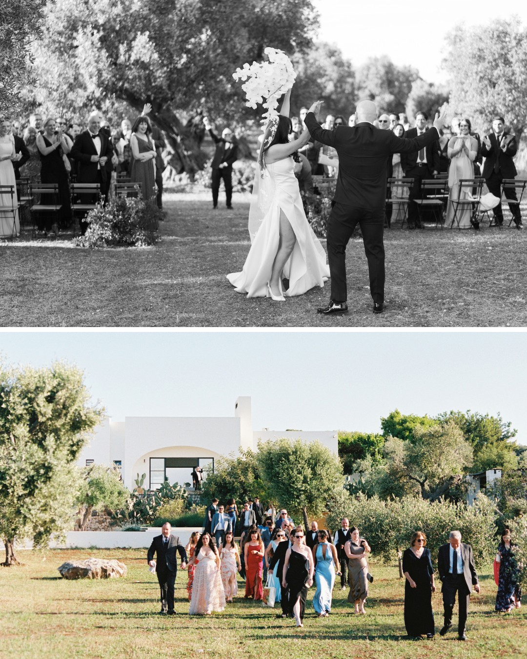 Top: A newlywed couple walks hand in hand toward seated guests outdoors. Bottom: Wedding guests walk across a grassy area toward a white building surrounded by trees.