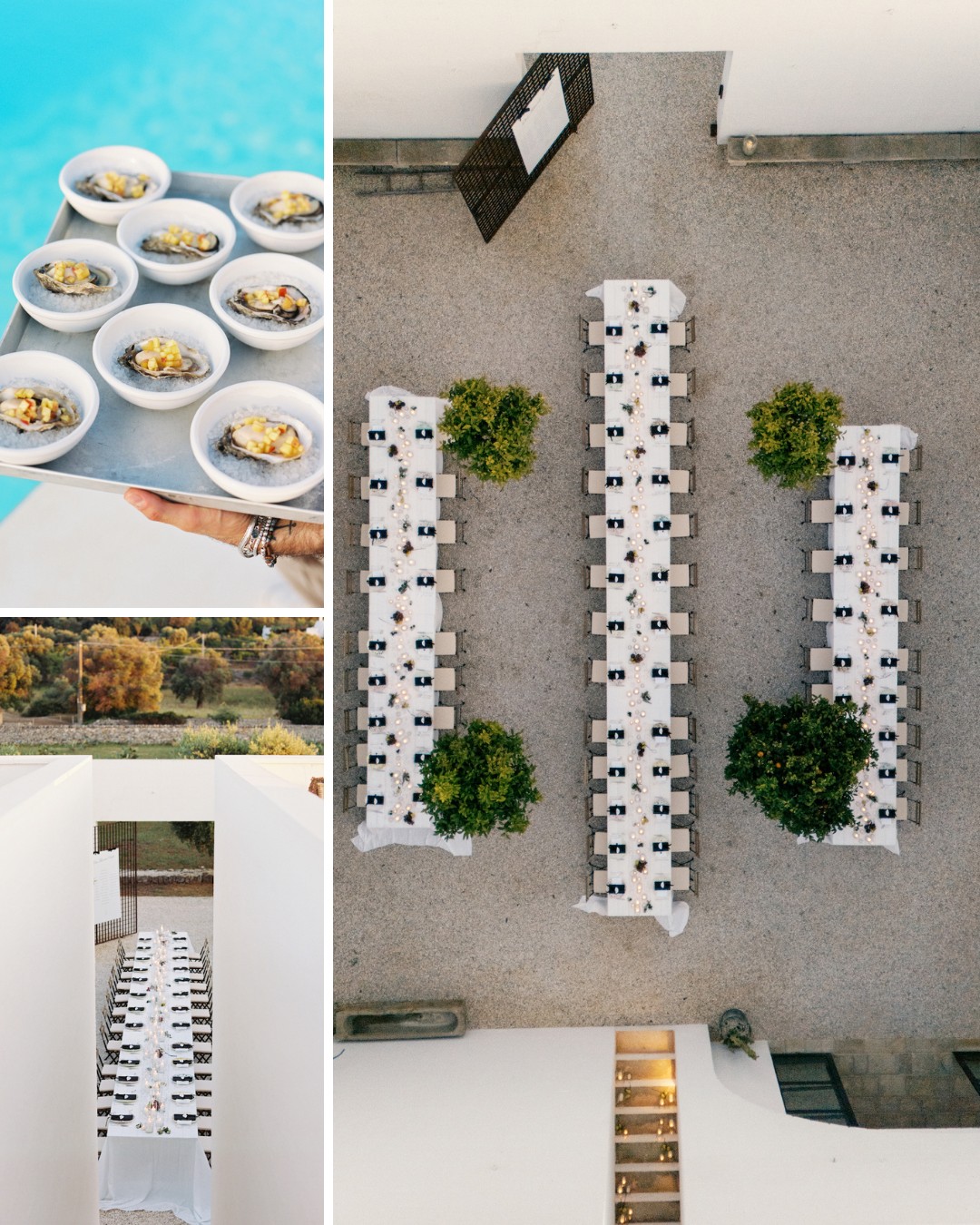 Aerial and close-up views of a formal outdoor dining setup with long tables, white tablecloths, and individual plates of food on a tray.
