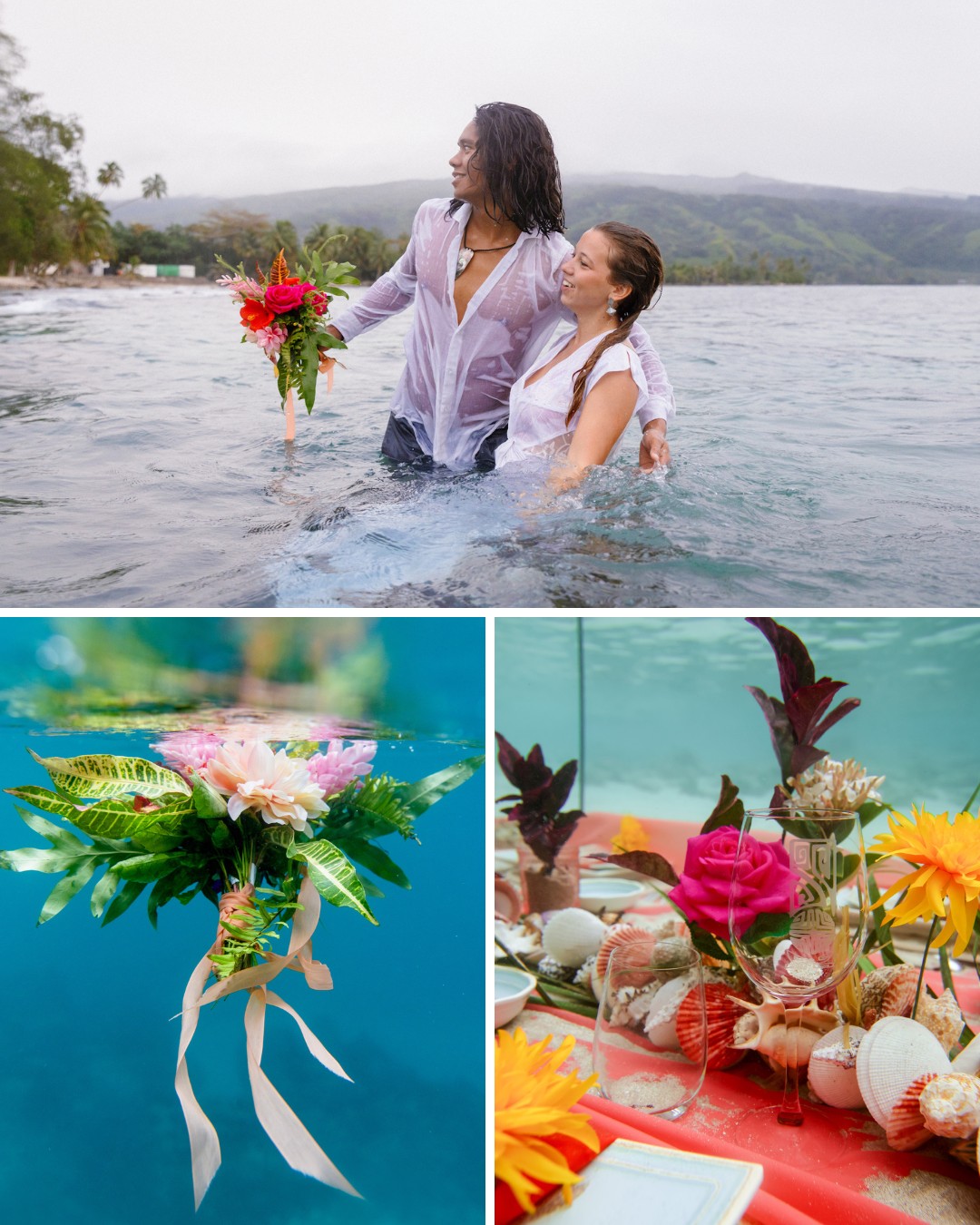 A couple stands in the ocean holding a bouquet. Below, an underwater view of a bouquet. Next to it, a display with flowers and seashells on a surface.
