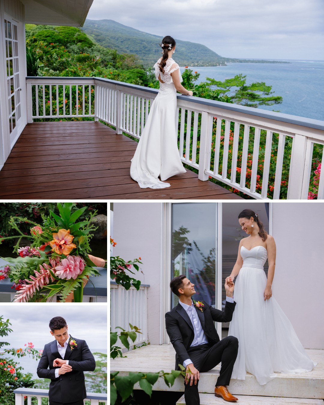 A bride and groom in wedding attire pose on a balcony overlooking the ocean. Nearby, the groom adjusts his cufflinks, flowers are displayed, and the couple shares a moment together.
