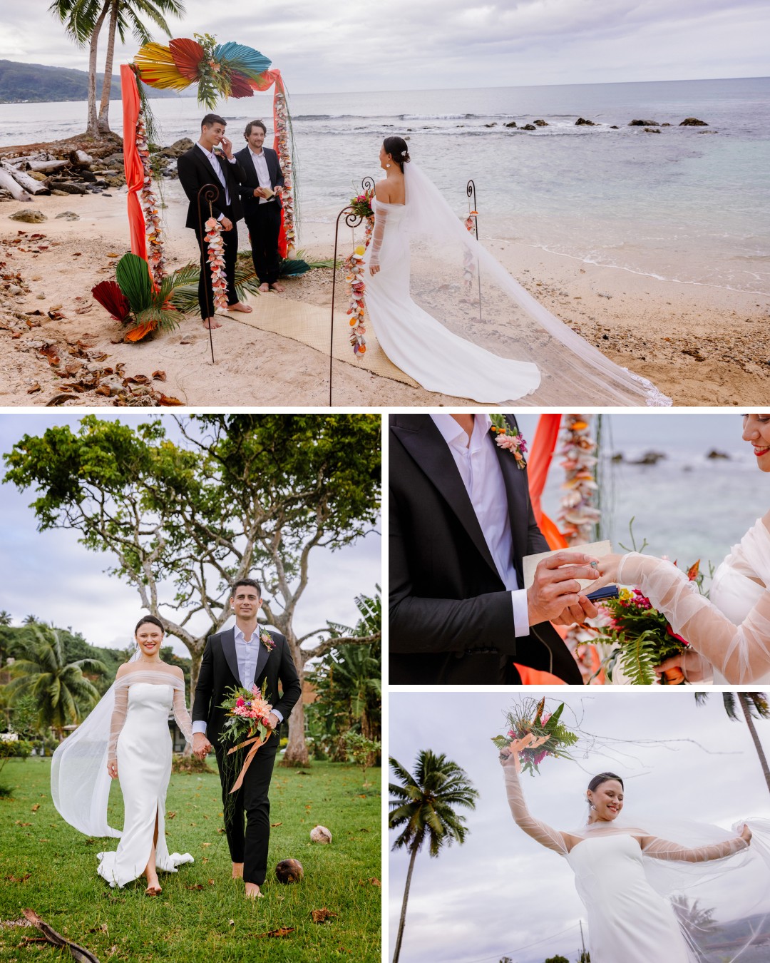 A couple gets married on a beach with a floral arch, exchanges rings, walks on grass, and the bride tosses her bouquet in a tropical setting.