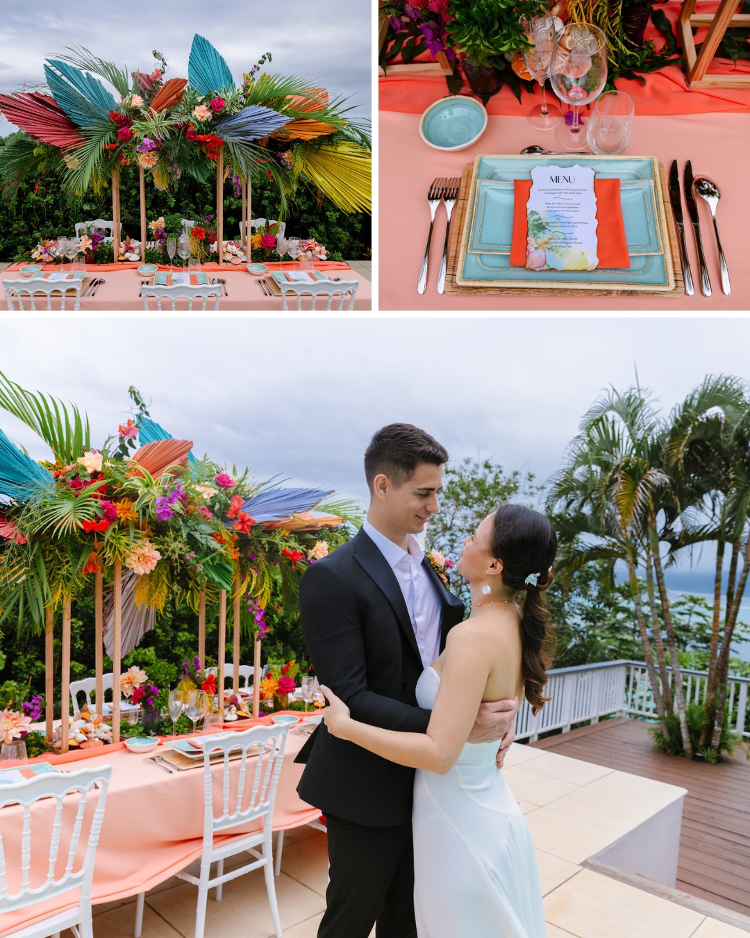 Colorful tropical-themed wedding setup with vibrant foliage decor, a table with a menu card, and a couple dancing outdoors near palm trees.