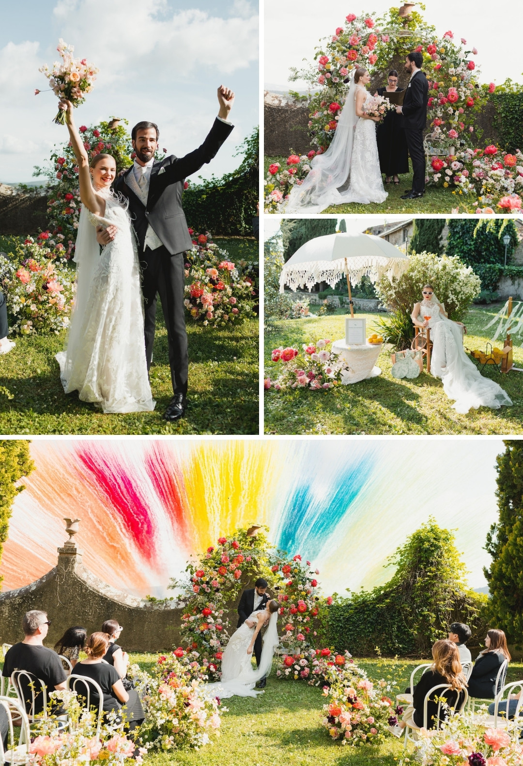 A bride and groom celebrate outdoors amid colorful floral arrangements, with guests seated and vibrant rainbow decorations in the background.