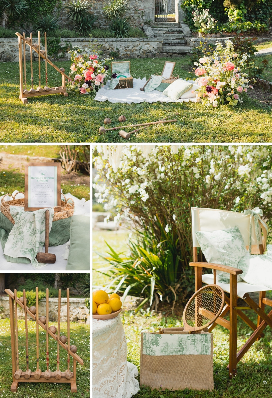 Outdoor garden setup with croquet equipment, director’s chair, a basket with green napkins, flowers, and citrus fruit displayed on a table, arranged for a picnic or outdoor gathering.