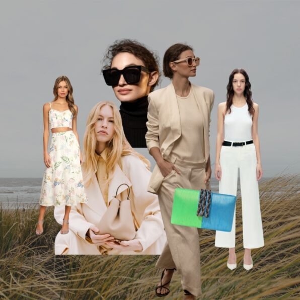 Several women display contemporary fashion styles, including floral dresses, neutral suits, a white jumpsuit, a black turtleneck with sunglasses, and a colorful clutch bag